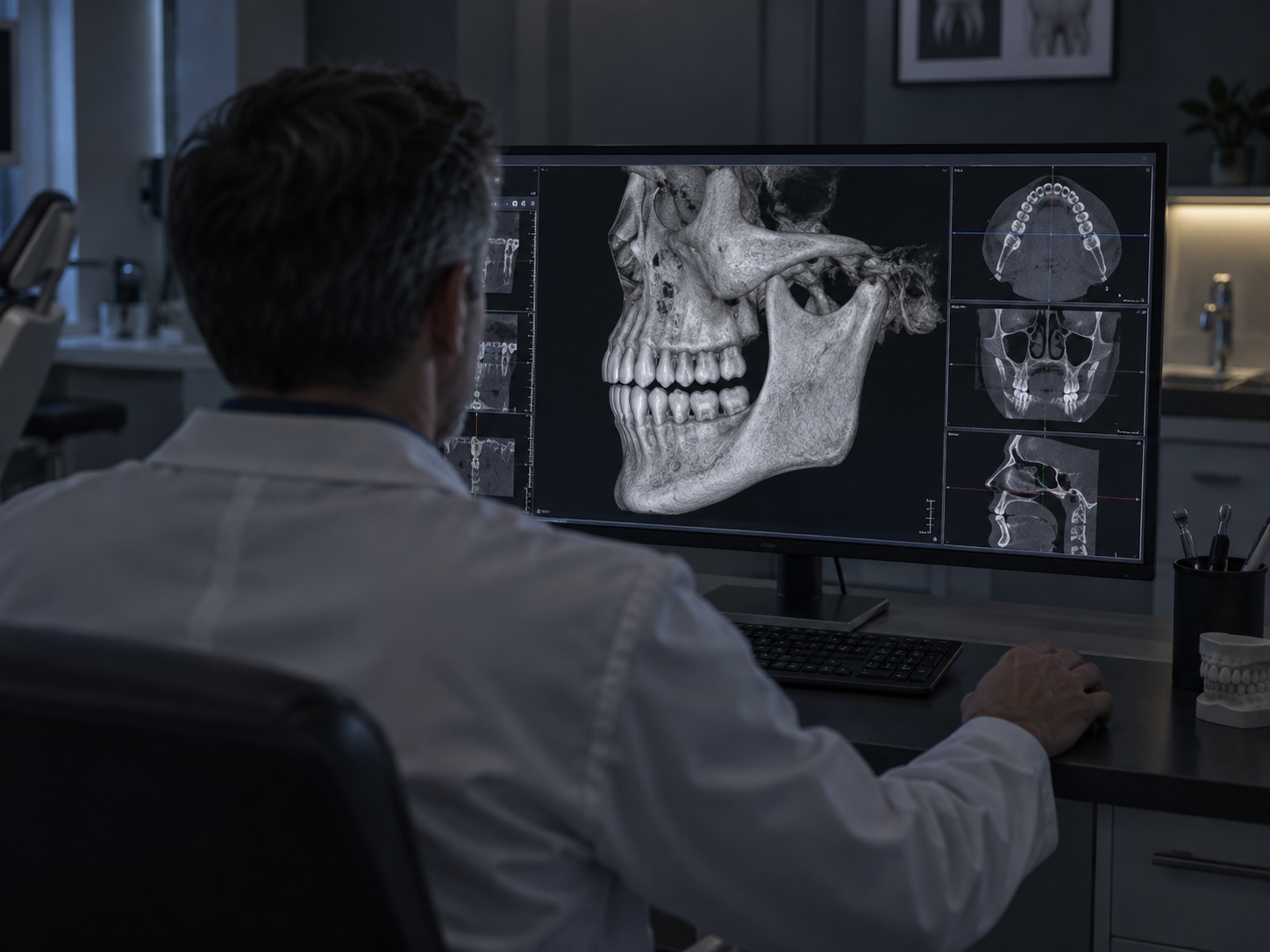 Dentist reviewing a 3D cone beam CT scan of a patient's jaw on a monitor for implant planning