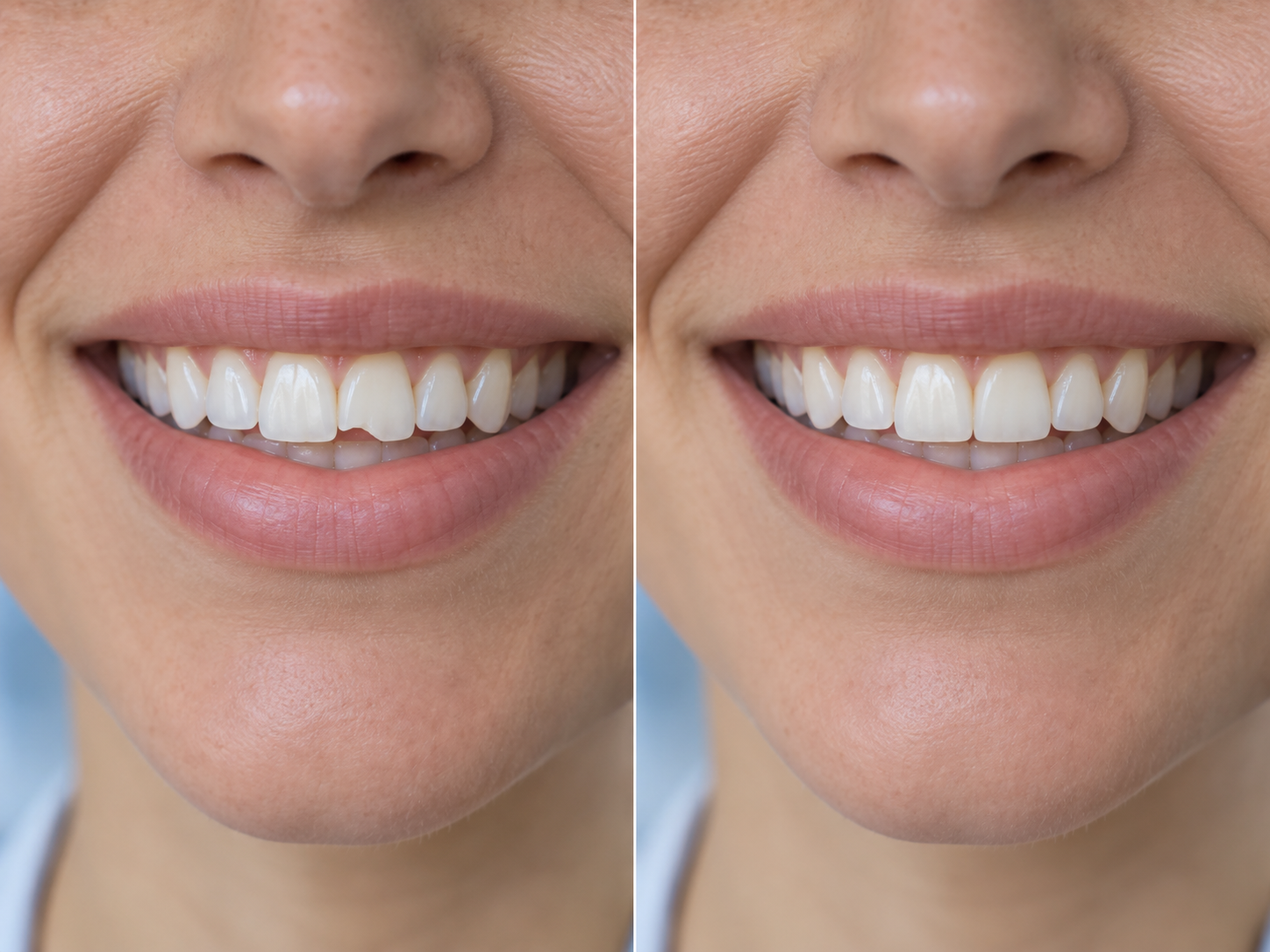 Before and after comparison of a chipped front tooth repaired with tooth-colored dental bonding