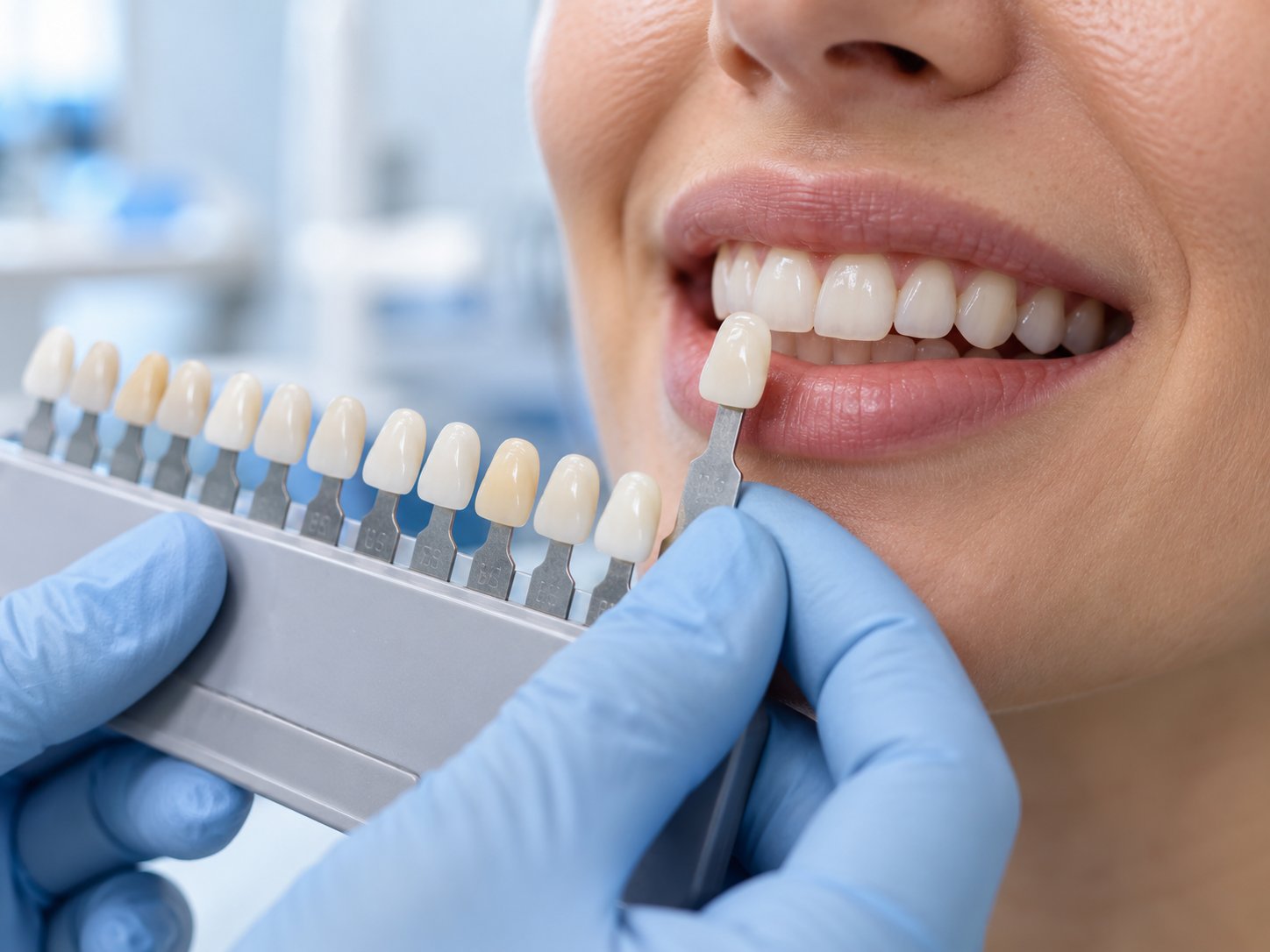 Dentist at Westlake Dental Associates holding a shade guide next to a patient's front teeth to match composite bonding color