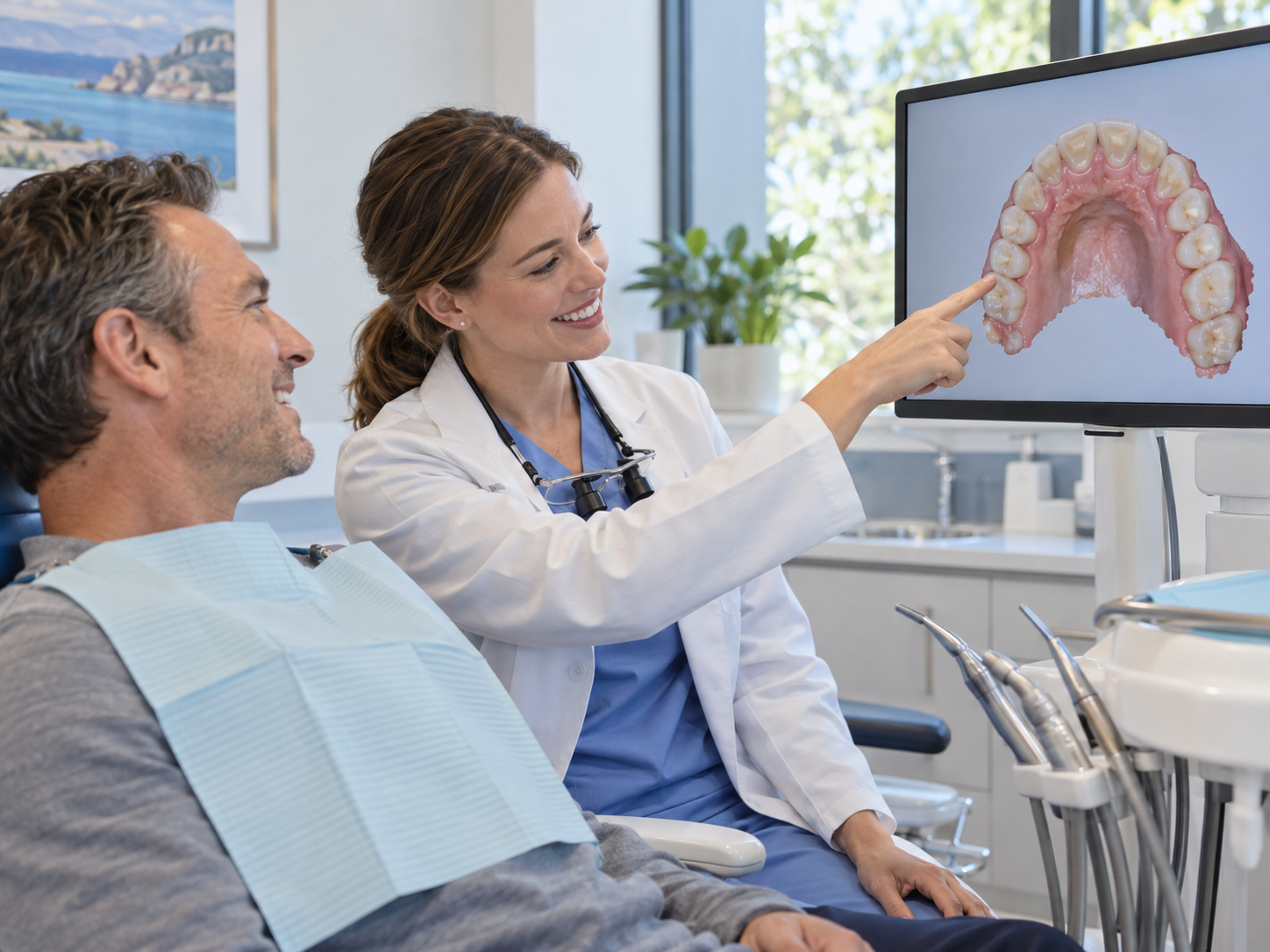 Dentist at Westlake Dental Associates showing a patient a digital scan of their teeth on a chairside monitor