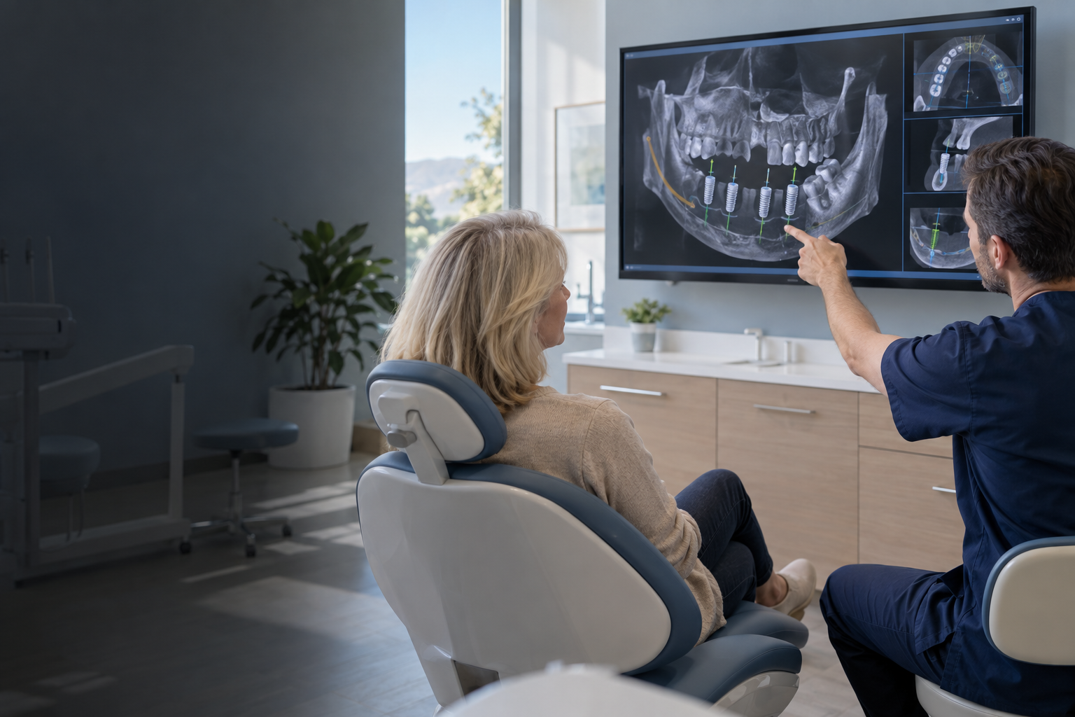 Westlake Dental Associates dentist reviewing a 3D jaw scan with a patient to plan full-mouth dental implants
