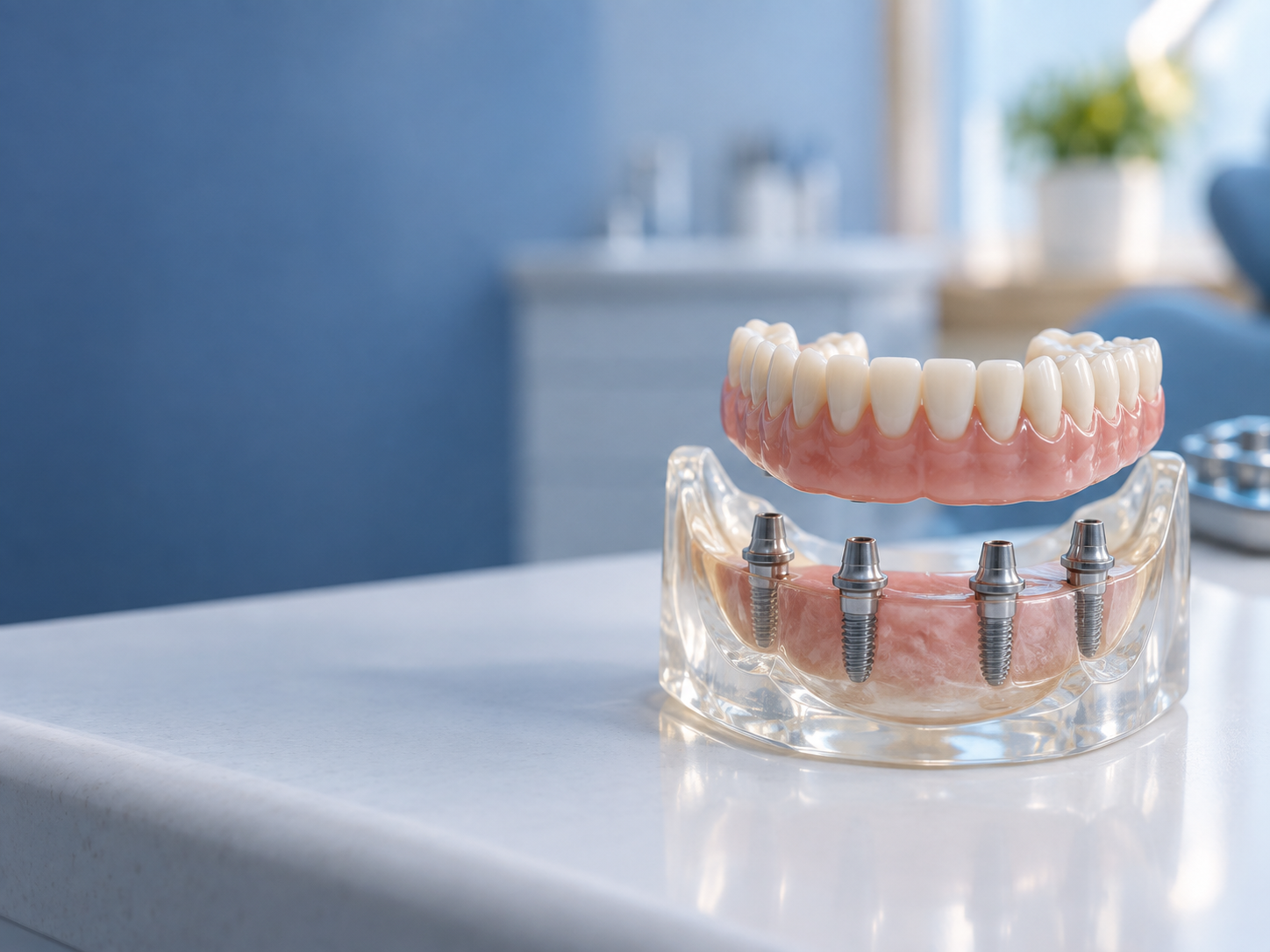 Model of an implant-supported denture showing a full arch of teeth attached to dental implants