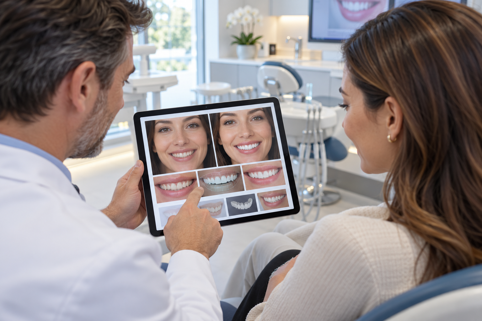 Cosmetic dentist at Westlake Dental Associates reviewing smile design photos with a patient